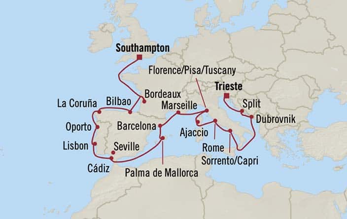 Carte de l’itinéraire Sonata, Trieste → Southampton