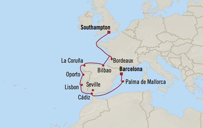 Carte de l’itinéraire Sonata, Barcelone → Southampton
