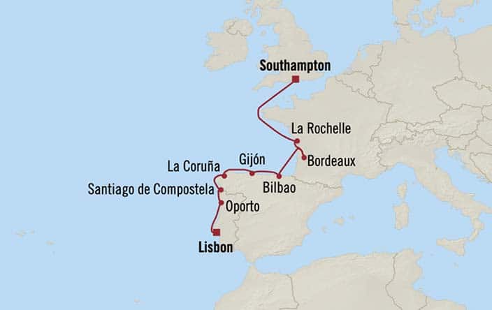 Carte de l’itinéraire Sonata, Southampton → Lisbonne