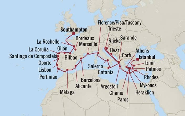 Carte de l’itinéraire Sonata, Southampton → Istanbul