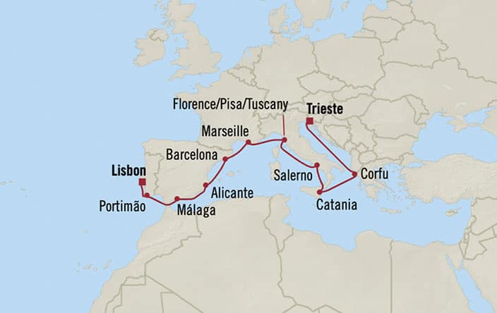 Carte de l’itinéraire Sonata, Lisbonne → Trieste