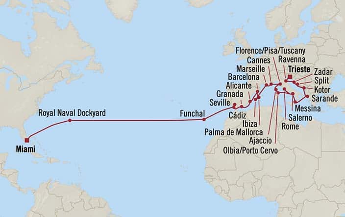 Carte de l’itinéraire Sonata, Trieste → Miami