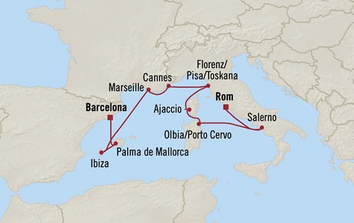 Carte de l’itinéraire Sonata, Civitavecchia (Rome) → Barcelone
