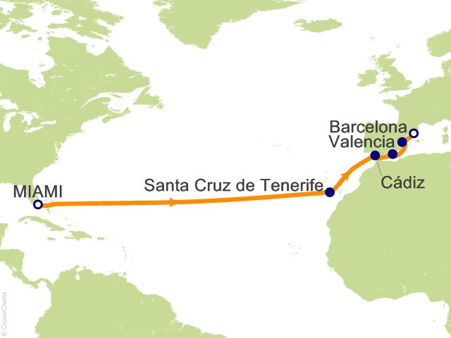 Carte de l’itinéraire Sonata, Miami → Barcelone