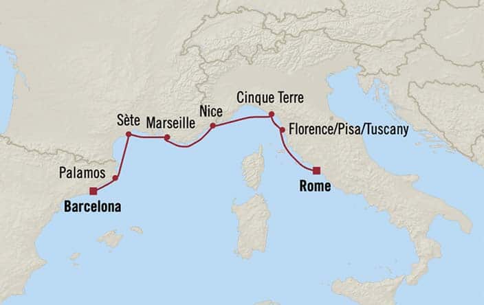 Carte de l’itinéraire Sonata, Barcelone → Civitavecchia (Rome)