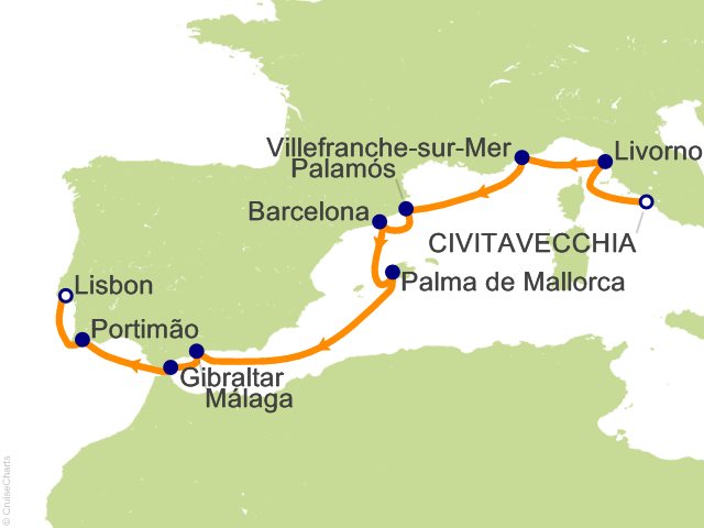 Carte de l’itinéraire Sonata, Civitavecchia (Rome) → Lisbonne