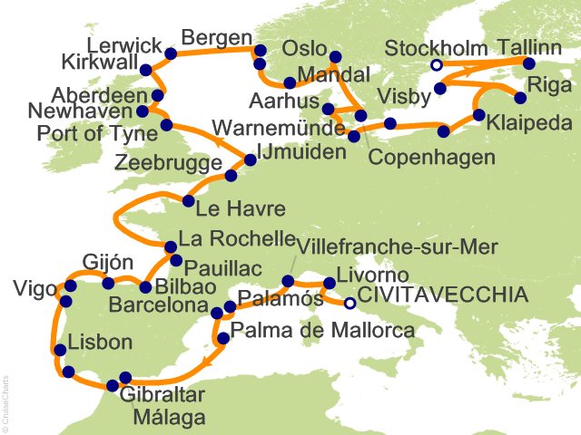 Carte de l’itinéraire Sonata, Civitavecchia (Rome) → Stockholm