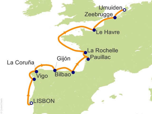 Carte de l’itinéraire Sonata, Lisbonne → Ijmuiden