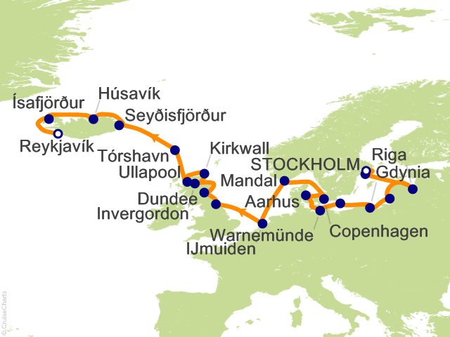 Carte de l’itinéraire Sonata, Stockholm → Reykjavík