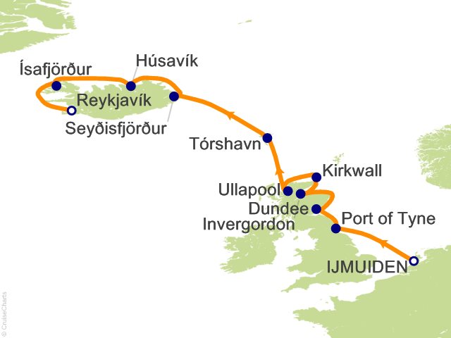 Carte de l’itinéraire Sonata, Ijmuiden → Reykjavík