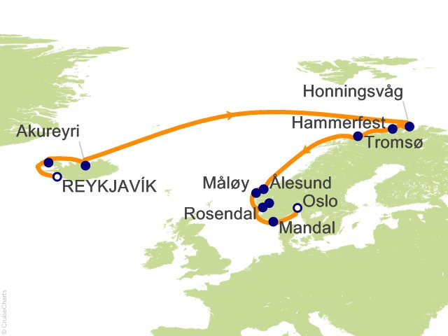 Carte de l’itinéraire Sonata, Reykjavík → Oslo