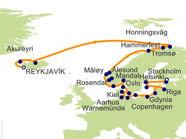 Carte de l’itinéraire Sonata, Reykjavík → Helsinki