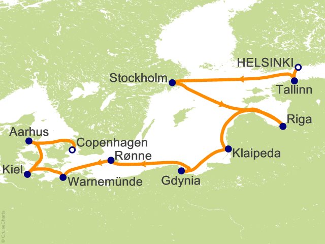 Carte de l’itinéraire Sonata, Helsinki → Copenhague