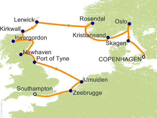Carte de l’itinéraire Sonata, Copenhague → Southampton