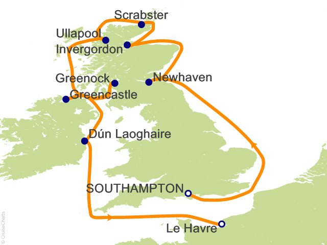 Carte de l’itinéraire Sonata, Southampton → Paris (LeHavre)