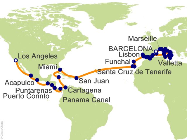 Carte de l’itinéraire Sonata, Barcelone → Los Angeles