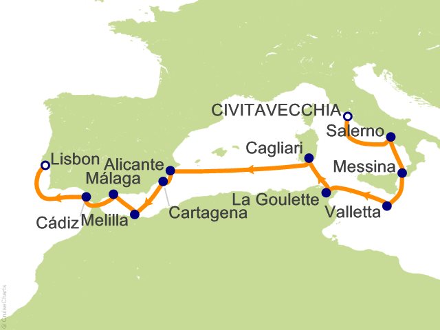 Carte de l’itinéraire Sonata, Civitavecchia (Rome) → Lisbonne