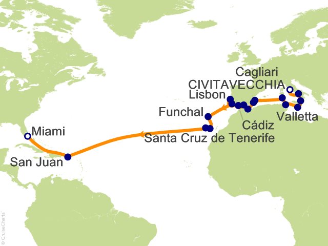 Carte de l’itinéraire Sonata, Civitavecchia (Rome) → Miami