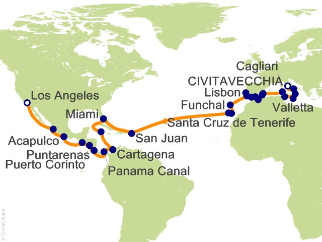 Carte de l’itinéraire Sonata, Civitavecchia (Rome) → Los Angeles