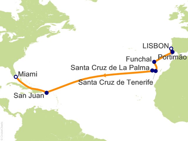 Carte de l’itinéraire Sonata, Lisbonne → Miami