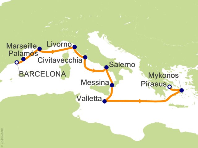 Carte de l’itinéraire Sonata, Barcelone → Athènes (Port of Le Pirée)