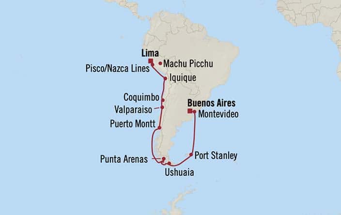 Carte de l’itinéraire Vista, Buenos Aires → Lima/Machu Picchu (Callao)