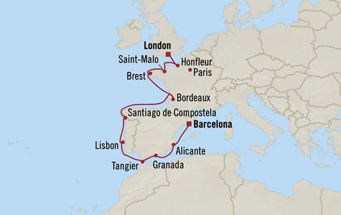 Carte de l’itinéraire Vista, Barcelone → Londres (Southampton)