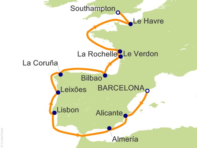 Carte de l’itinéraire Vista, Barcelone → Southampton