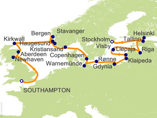 Carte de l’itinéraire Vista, Southampton → Stockholm