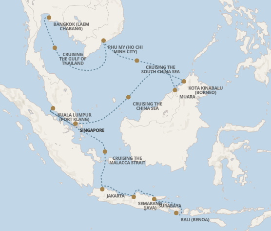 Carte de l’itinéraire Seven Seas Explorer, Bali (Benoa) → Bangkok (Laem Chabang)