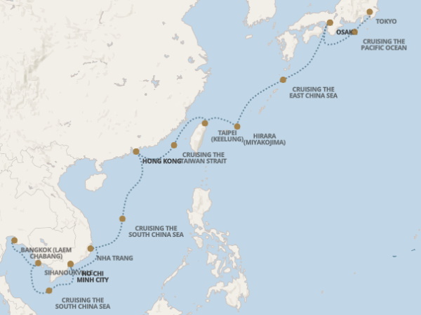 Carte de l’itinéraire Seven Seas Explorer, Bangkok (Laem Chabang) → Tokyo