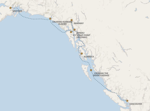 Carte de l’itinéraire Seven Seas Explorer, Vancouver → Whittier