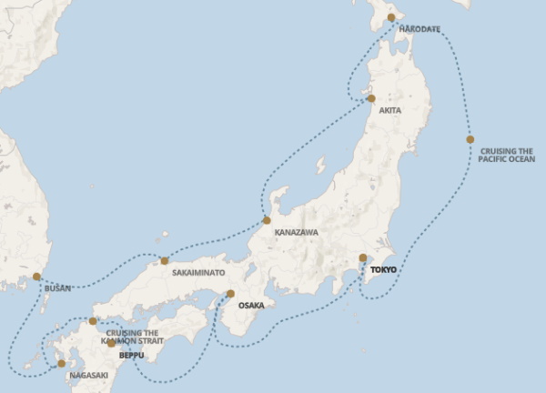 Carte de l’itinéraire Seven Seas Explorer, Tokyo → Tokyo