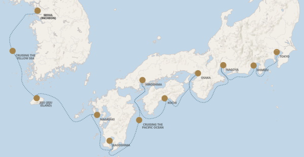Carte de l’itinéraire Seven Seas Explorer, Tokyo → Seoul (Incheon)