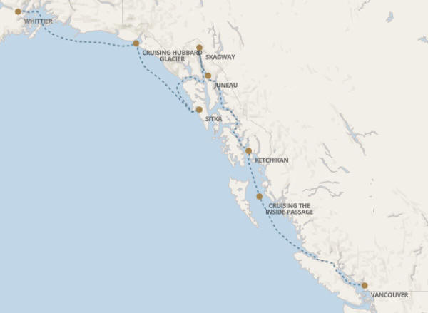 Carte de l’itinéraire Seven Seas Explorer, Whittier → Vancouver