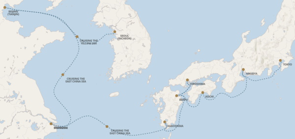 Carte de l’itinéraire Seven Seas Explorer, Seoul (Incheon) → Tokyo
