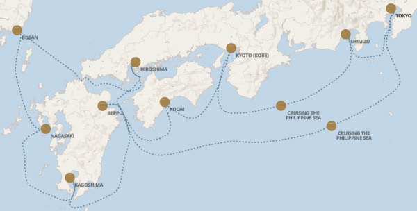 Carte de l’itinéraire Seven Seas Explorer, Tokyo → Tokyo