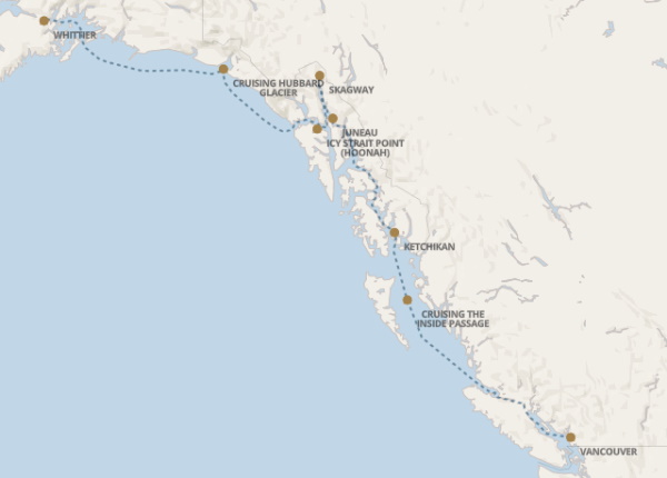 Carte de l’itinéraire Seven Seas Explorer, Vancouver → Whittier