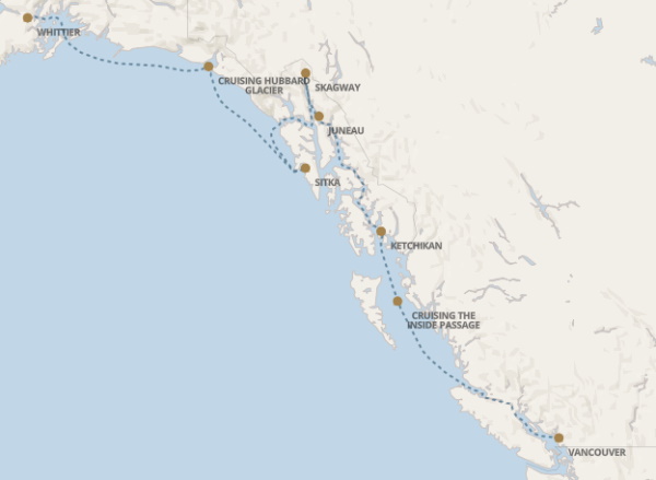 Carte de l’itinéraire Seven Seas Explorer, Whittier → Vancouver