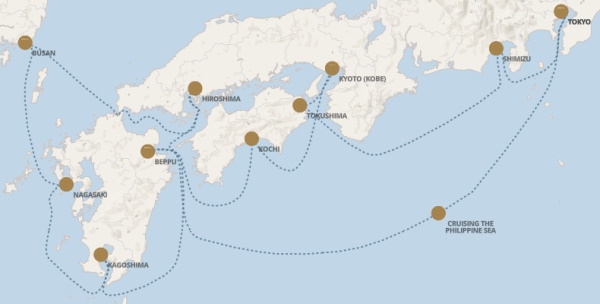 Carte de l’itinéraire Seven Seas Explorer, Tokyo → Tokyo
