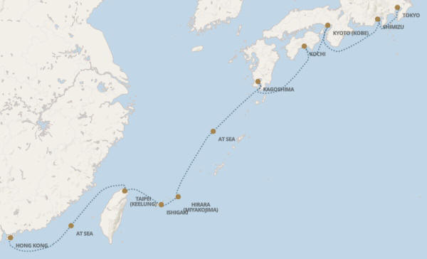 Carte de l’itinéraire Seven Seas Explorer, Tokyo → Hong Kong
