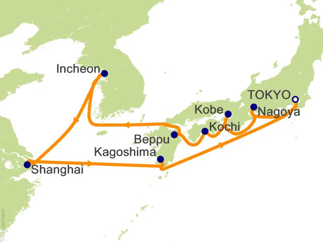 Carte de l’itinéraire Seven Seas Explorer, Tokyo → Tokyo