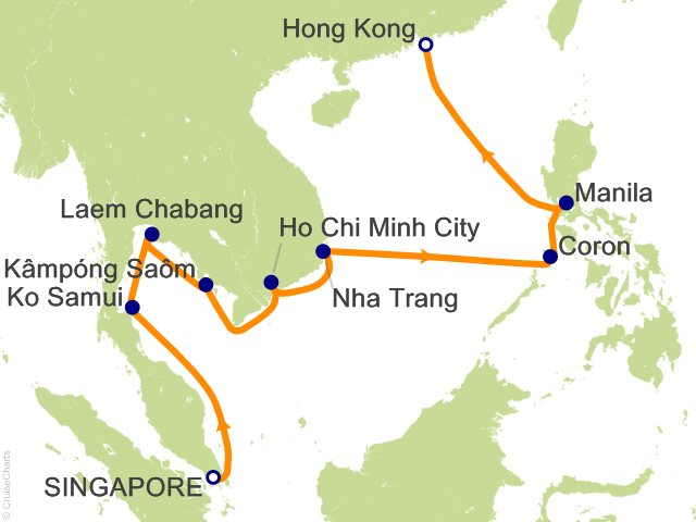 Carte de l’itinéraire Seven Seas Explorer, Singapour → Hong Kong