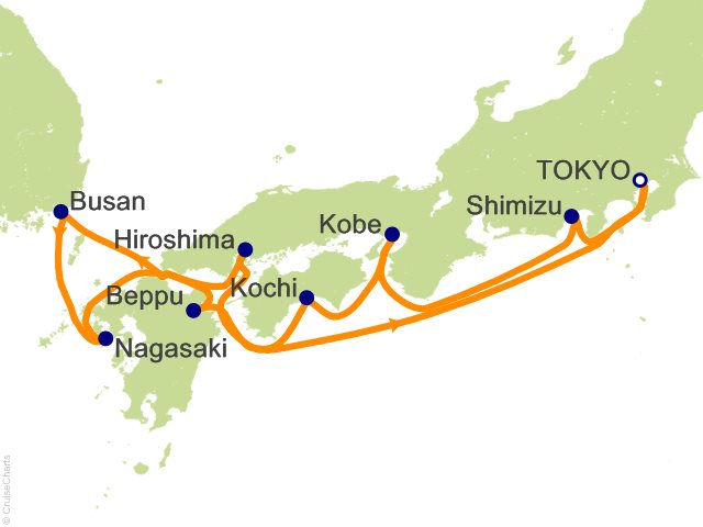 Carte de l’itinéraire Seven Seas Explorer, Tokyo → Tokyo