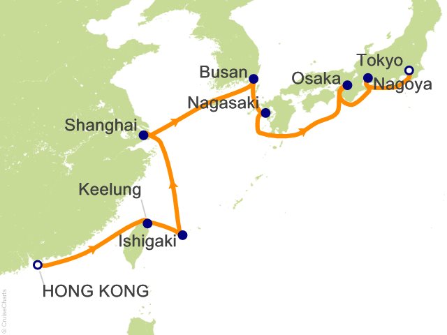 Carte de l’itinéraire Seven Seas Explorer, Hong Kong → Tokyo