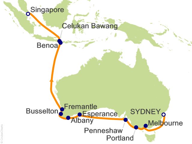 Carte de l’itinéraire Seven Seas Explorer, Sydney → Singapour