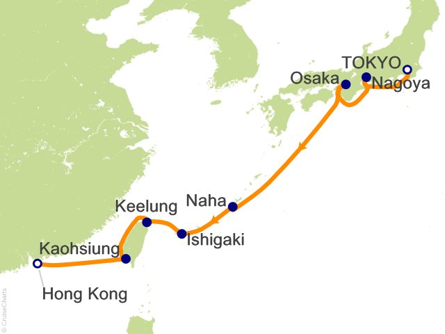 Carte de l’itinéraire Seven Seas Explorer, Tokyo → Hong Kong