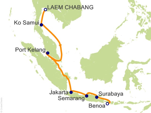 Carte de l’itinéraire Seven Seas Explorer, Bangkok (Laem Chabang) → Bali (Benoa)