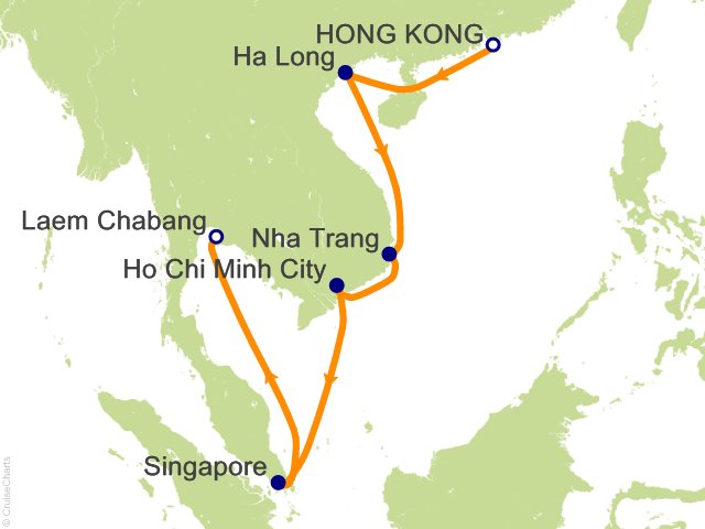 Carte de l’itinéraire Seven Seas Explorer, Hong Kong → Bangkok (Laem Chabang)