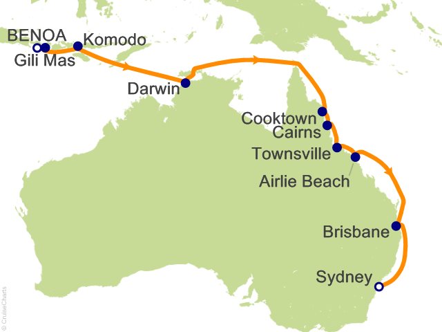 Carte de l’itinéraire Seven Seas Explorer, Bali (Benoa) → Sydney